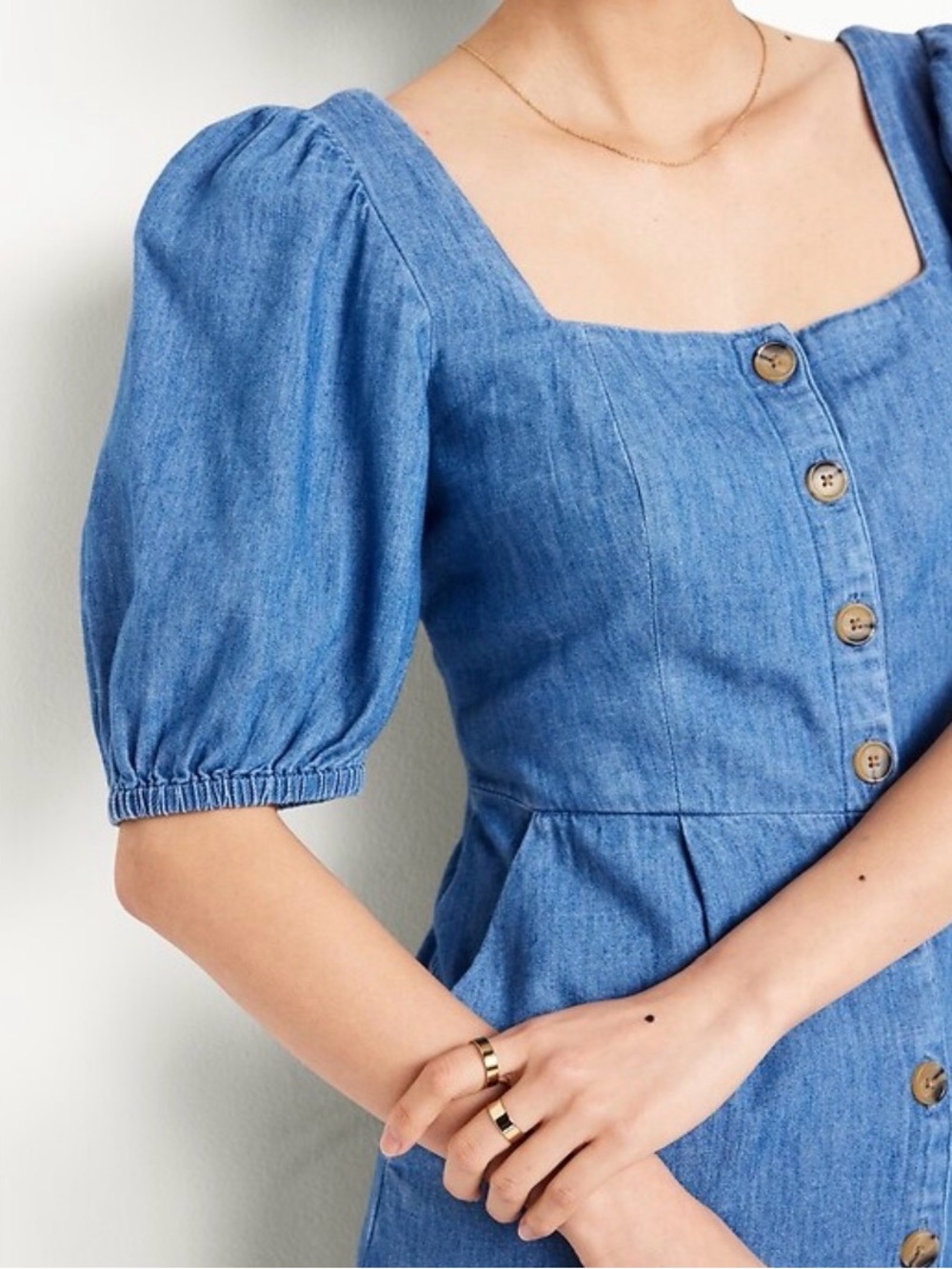 Old Navy Denim Button Front Dress Puff Sleeve Cottagecore Mini M - Picture 3 of 8
